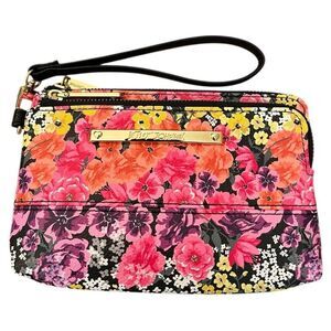 Betsey Johnson Pink Floral Wristlet Large Wallet Double Zip Bag Purse